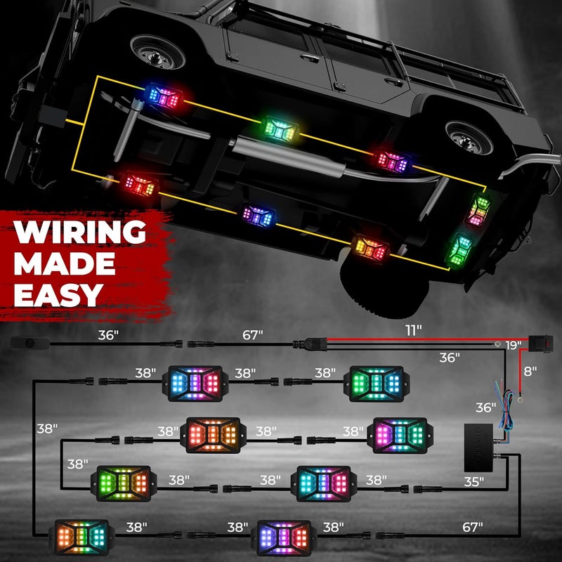 DITRIO 8 Pods Five Sided RGB Rock Lights for Trucks Jeep UTV SUV ATV Golf Cart, Multi Chasing Color App/Remote Control Led Rock Lights with Music Mode, Waterproof Exterior Underglow Kits for Cars - Image 5